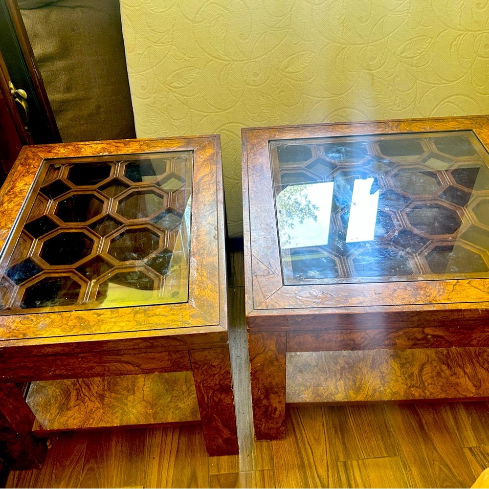 1980s Chinese Chippendale Walnut and Glass Top Side Tables!